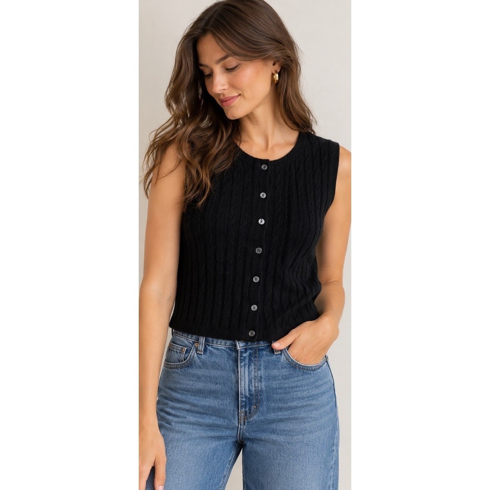House of Harlow 1960 Cashmere Vest Women's S Black Cable Knit Quiet Luxury
